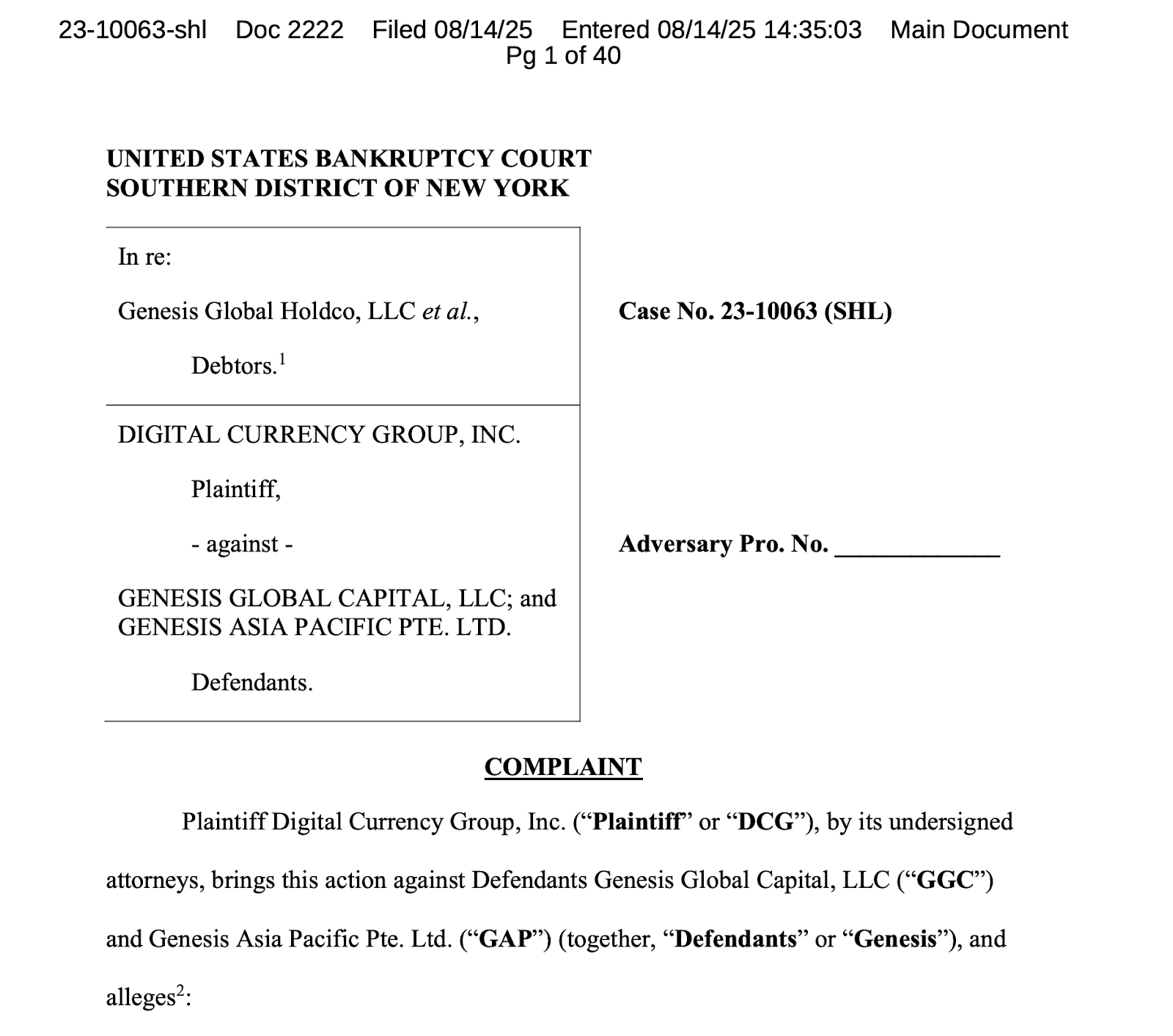DCG Countersues Genesis for $1.1B After Subsidiary Claims $3.1B Damages