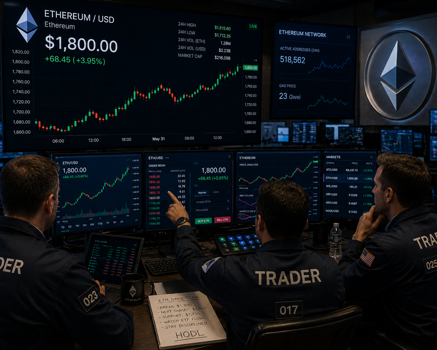 Traders analyzing a bullish ETH/USD chart