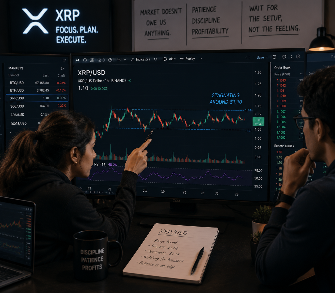 Traders analyzing XRP as it stays below $1.12